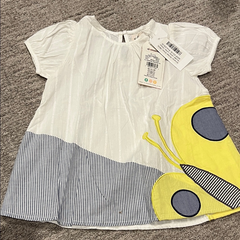 Charming White and Yellow Butterfly Kids Casual Dress